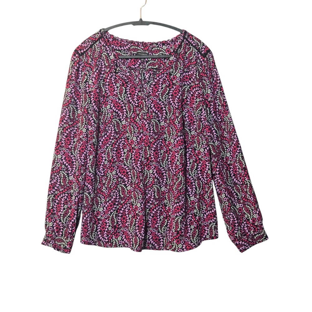 Talbots Floral Vine Lace Detail Long Sleeve Blouse Pink L Feminine Fall Office